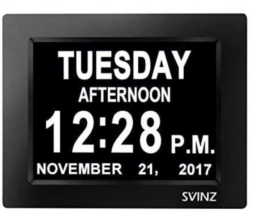 SVINZ 8" Digital Calendar Alarm Day Clock with 3 Alarm Options, Extra Large Non-Abbreviated Day & Month