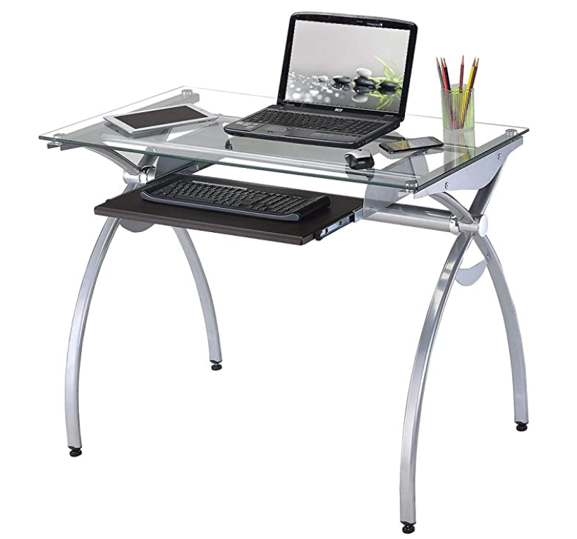 Techni Mobili Contempo Glass Top Computer Desk with Pull Out Keyboard Panel