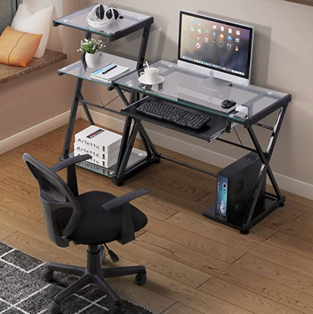 Mecor Glass Computer Desk Laptop Table Metal X-Frame Corner Workstation with Keyboard Tray
